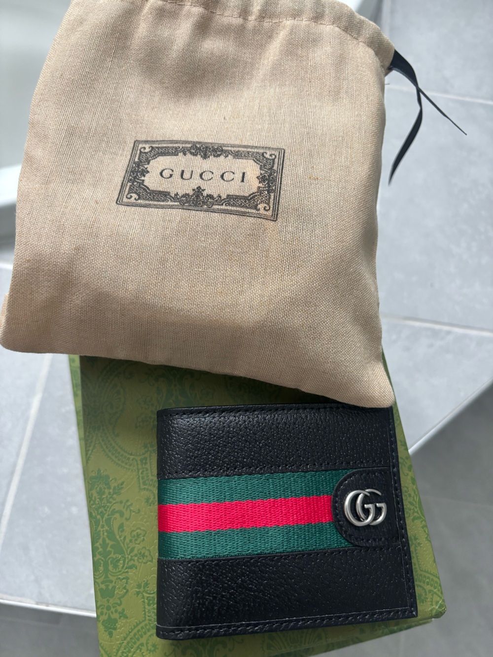 Gucci Black Leather Wallet with Green & Red Stripe and Silver GG